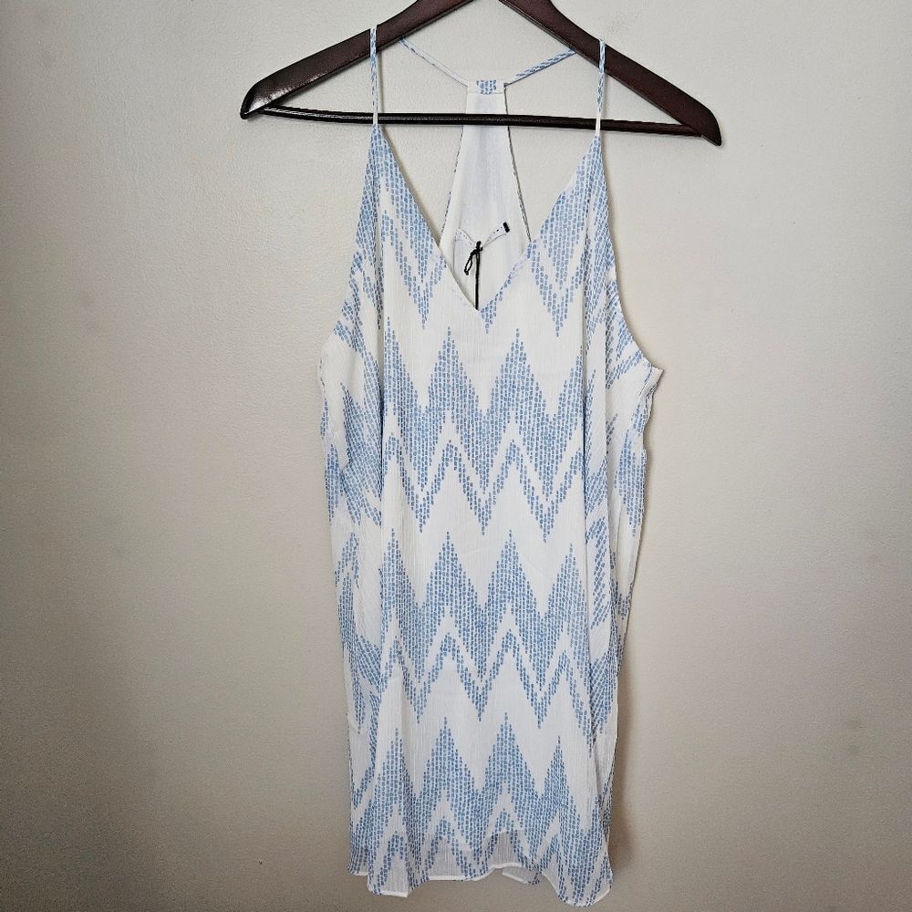 Three Eighty Two Dress Tanner Slip White Blue Chevron Dot Print Mini Cocktail